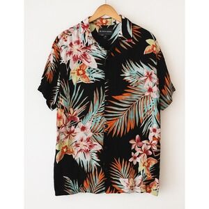 Mens sz L Black Multicolor Tropical Floral Button Shirt Party Travel Vacation
